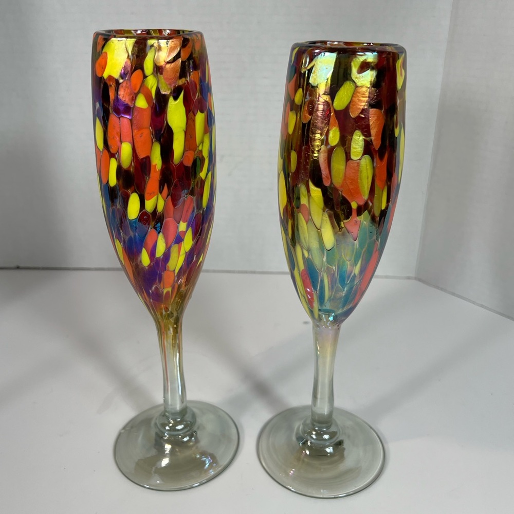 Set 2 Multicolor Art Glass Champagne Flutes Hand Blown Confetti Mosaic